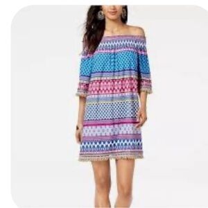 Trina Turk Off-The-Shoulder Emilia Fringe-Trim Blue Multi Dress Medium